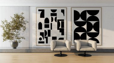 Büyük lüks, modern, parlak iç mekan. Oturma odası tasviri 3D canlandırma.