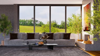 Büyük lüks, modern, parlak iç mekan. Oturma odası tasviri 3D canlandırma.