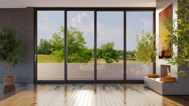 Büyük lüks, modern, parlak iç mekan. Oturma odası tasviri 3D canlandırma.