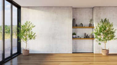 Büyük lüks, modern, parlak iç mekan. Oturma odası tasviri 3D canlandırma.