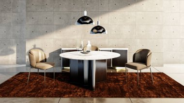 Büyük lüks, modern, parlak iç mekan. Oturma odası tasviri 3D canlandırma.