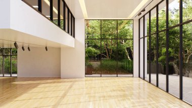 Büyük lüks, modern, parlak iç mekan. Oturma odası tasviri 3D canlandırma.