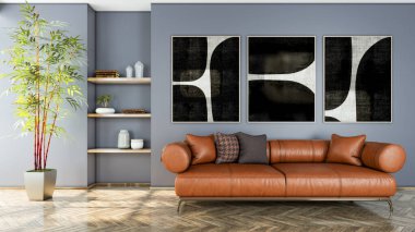 Büyük lüks, modern, parlak iç mekan. Oturma odası tasviri 3D canlandırma.