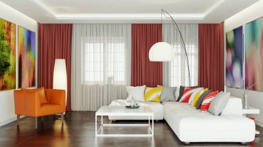 Büyük lüks, modern, parlak iç mekan. Oturma odası tasviri 3D canlandırma.