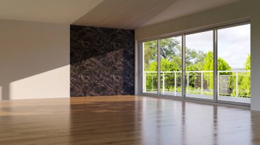 Büyük lüks, modern, parlak iç mekan. Oturma odası tasviri 3D canlandırma.