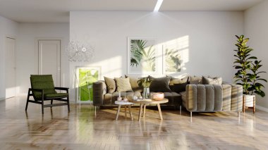 Büyük lüks, modern, parlak iç mekan. Oturma odası tasviri 3D canlandırma.