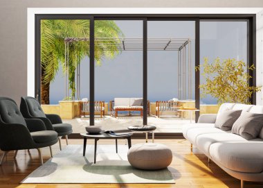 Büyük lüks, modern, parlak iç mekan. Oturma odası tasviri 3D canlandırma.