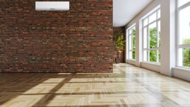 Büyük lüks, modern, aydınlık bir oturma odası. Klima modelleme çizimi 3D.