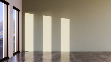 Büyük lüks, modern, parlak iç mekan. Oturma odası tasviri 3D canlandırma.