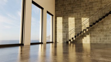 Büyük lüks, modern, parlak iç mekan. Oturma odası tasviri 3D canlandırma.