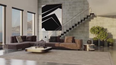 Büyük lüks, modern, parlak iç mekan oturma odası, afiş illüstrasyonu 3D dijital görüntü oluşturan bilgisayar.