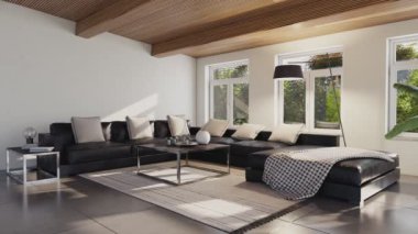 Büyük lüks, modern, parlak iç mekan oturma odası, afiş illüstrasyonu 3D dijital görüntü oluşturan bilgisayar.