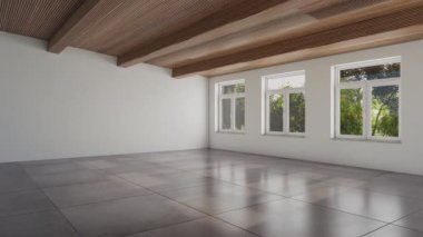 Büyük lüks, modern, parlak iç mekan oturma odası, afiş illüstrasyonu 3D dijital görüntü oluşturan bilgisayar.