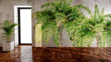 Büyük lüks, modern, parlak iç mekânlar oturma odası kapıları parke fabrikaları 3 boyutlu resimleme.