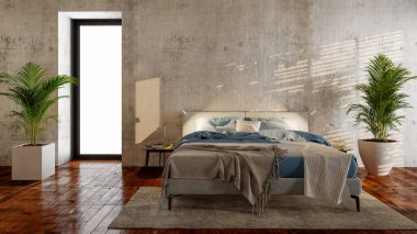 Büyük lüks, modern, parlak iç mekânlar oturma odası kapıları parke fabrikaları 3 boyutlu resimleme.