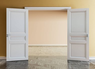 Büyük lüks, modern, parlak iç mekânlar oturma odası kapıları parke fabrikaları 3 boyutlu resimleme.