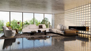 Büyük lüks, modern, parlak iç mekânlar oturma odası parke pencereleri kanepe boş model resimleme 3D