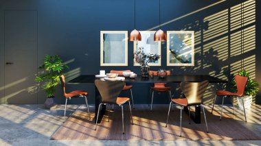 Büyük lüks, modern, parlak iç mekan. Oturma odası tasviri 3D canlandırma.