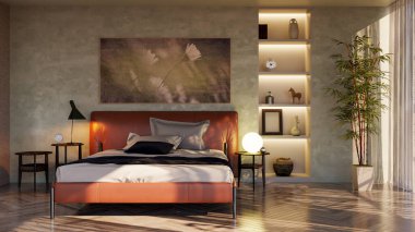 Modern, parlak yatak odası içerisi 3D resimleme bilgisayarı oluşturulmuş resim