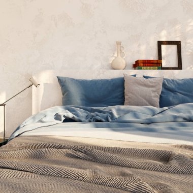 Modern, parlak yatak odası içerisi 3D resimleme bilgisayarı oluşturulmuş resim