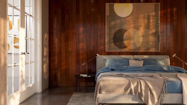 Modern, parlak yatak odası içerisi 3D resimleme bilgisayarı oluşturulmuş resim