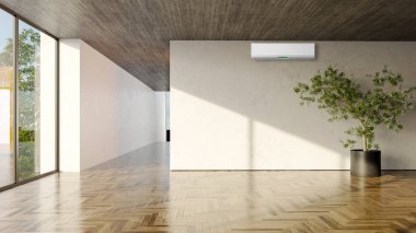 Büyük lüks, modern, aydınlık bir oturma odası. Klima modelleme çizimi 3D.