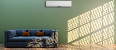 Büyük lüks, modern, aydınlık bir oturma odası. Klima modelleme çizimi 3D.