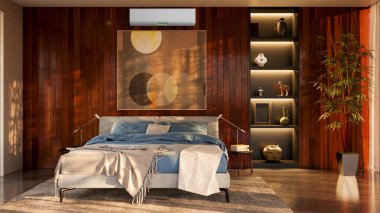 Büyük lüks, modern, aydınlık bir oturma odası. Klima modelleme çizimi 3D.