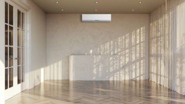 Büyük lüks, modern, aydınlık bir oturma odası. Klima modelleme çizimi 3D.