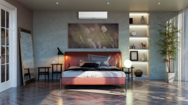 Büyük lüks, modern, aydınlık bir oturma odası. Klima modelleme çizimi 3D.