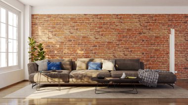 Büyük lüks, modern, parlak iç mekan. Oturma odası tasviri 3D canlandırma.