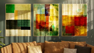 Büyük lüks, modern, parlak iç mekan. Oturma odası tasviri 3D canlandırma.