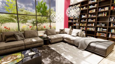 Büyük lüks, modern, parlak iç mekan. Oturma odası tasviri 3D canlandırma.