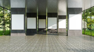 Büyük lüks, modern, parlak iç mekan. Oturma odası tasviri 3D canlandırma.