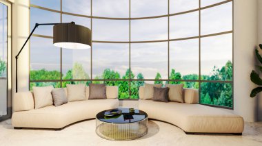 Büyük lüks, modern, parlak iç mekan. Oturma odası tasviri 3D canlandırma.