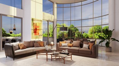 Büyük lüks, modern, parlak iç mekan. Oturma odası tasviri 3D canlandırma.