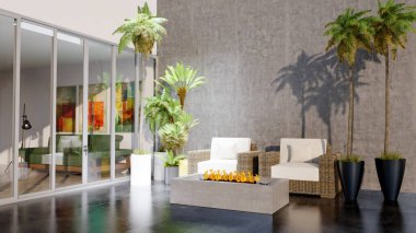 Büyük lüks, modern, parlak iç mekan. Oturma odası tasviri 3D canlandırma.