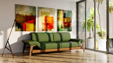 Büyük lüks, modern, parlak iç mekan. Oturma odası tasviri 3D canlandırma.