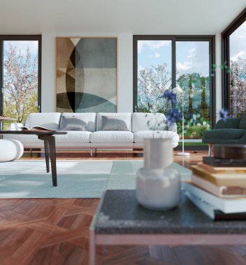 Büyük lüks, modern, parlak iç mekan. Oturma odası tasviri 3D canlandırma.