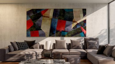 Büyük lüks, modern, parlak iç mekan. Oturma odası tasviri 3D canlandırma.