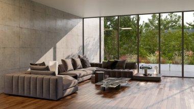 Büyük lüks, modern, parlak iç mekan. Oturma odası tasviri 3D canlandırma.