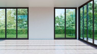 Büyük lüks, modern, parlak iç mekan. Oturma odası tasviri 3D canlandırma.