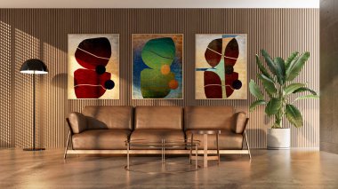 Büyük lüks, modern, parlak iç mekan. Oturma odası tasviri 3D canlandırma.