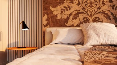 Modern, parlak yatak odası içerisi 3D resimleme bilgisayarı oluşturulmuş resim