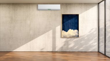 Büyük lüks, modern, aydınlık bir oturma odası. Klima modelleme çizimi 3D.