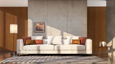 Büyük lüks, modern, parlak iç mekan. Oturma odası tasviri 3D canlandırma.