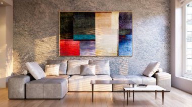 Büyük lüks, modern, parlak iç mekan. Oturma odası tasviri 3D canlandırma.