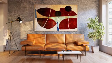 Büyük lüks, modern, parlak iç mekan. Oturma odası tasviri 3D canlandırma.