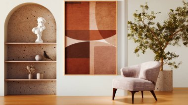 Büyük lüks, modern, parlak iç mekan. Oturma odası tasviri 3D canlandırma.