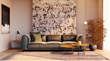 Büyük lüks, modern, parlak iç mekan. Oturma odası tasviri 3D canlandırma.